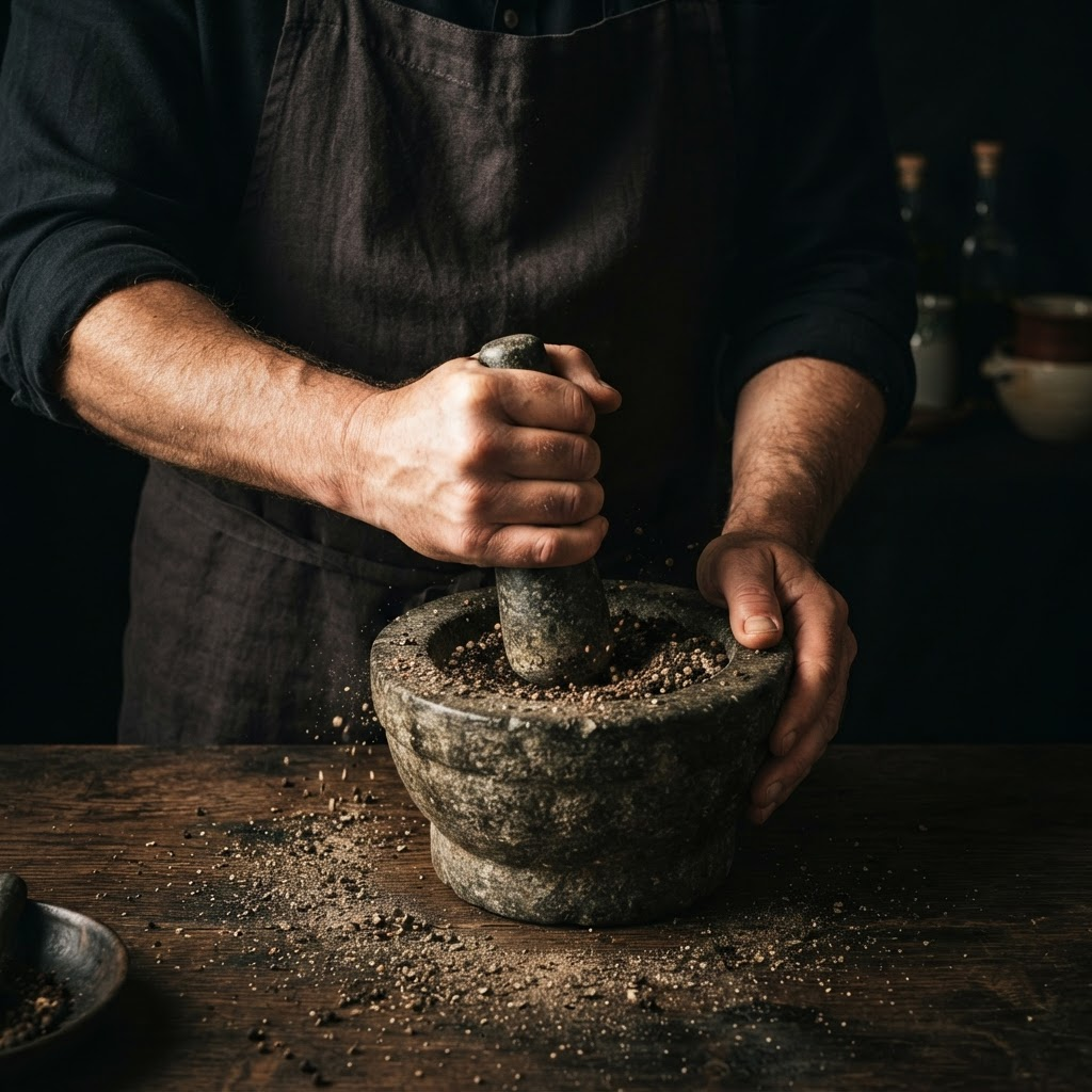 Hands grinding pepper